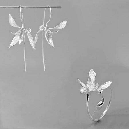 S925 Sterling Silver Earrings and Ring Set - Enchanting Valley Orchid - Vintage Beauty - Minimalist Style - Artist Original