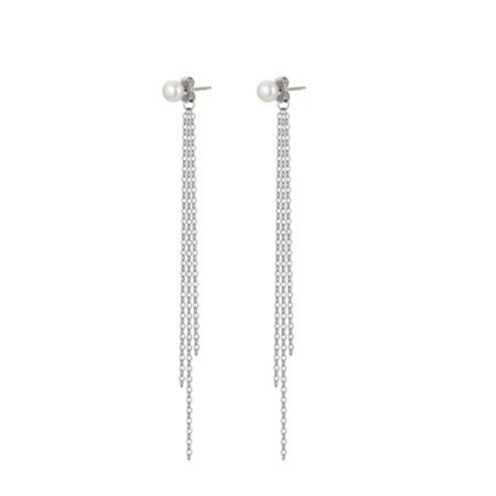 Chic Sterling Silver Freshwater Pearl Stud Earrings with Tassel Ear Threads, Minimalist Style, Sophisticated Cool Tone, Perfect Gift