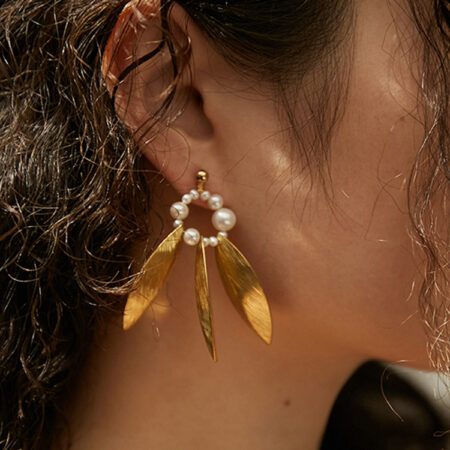 Natural Freshwater Pearl Studs Brass Earrings "Spring Planting" Floral Brass Hoops Brass Leaf Ear Clips Ideal Gifts for Her