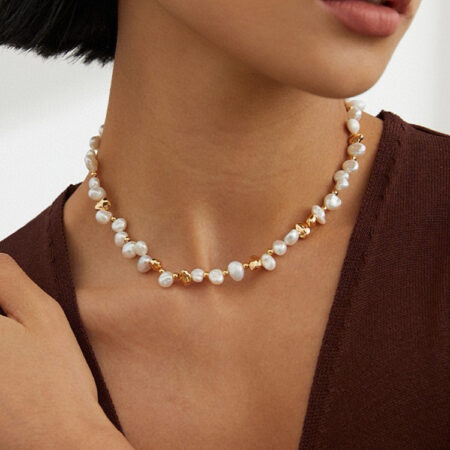 Natural Elegance: Pure Silver Pearl Necklace with Minimalist Stone-inspired Design with Vintage Accents