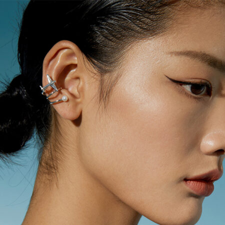 "Traces" Single Airplane-Inspired Platinum-Plated Silver Ear Cuff with Freshwater Pearl